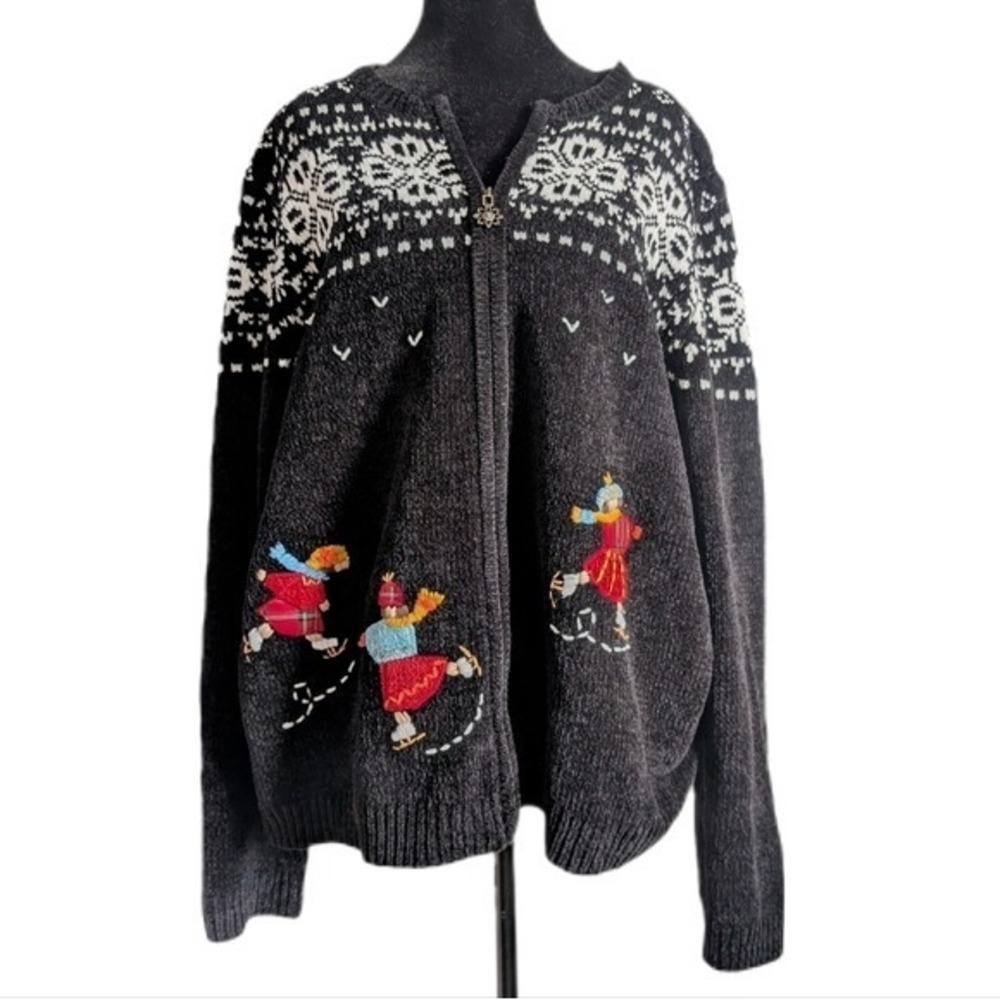 Vintage 90s Nostalgia Grandmacore Novelty Snowflake Ice Skating Knitted Cardigan